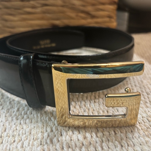 Gucci Black and Gold Patent Leather Belt with G Buckle - Picture 1 of 4